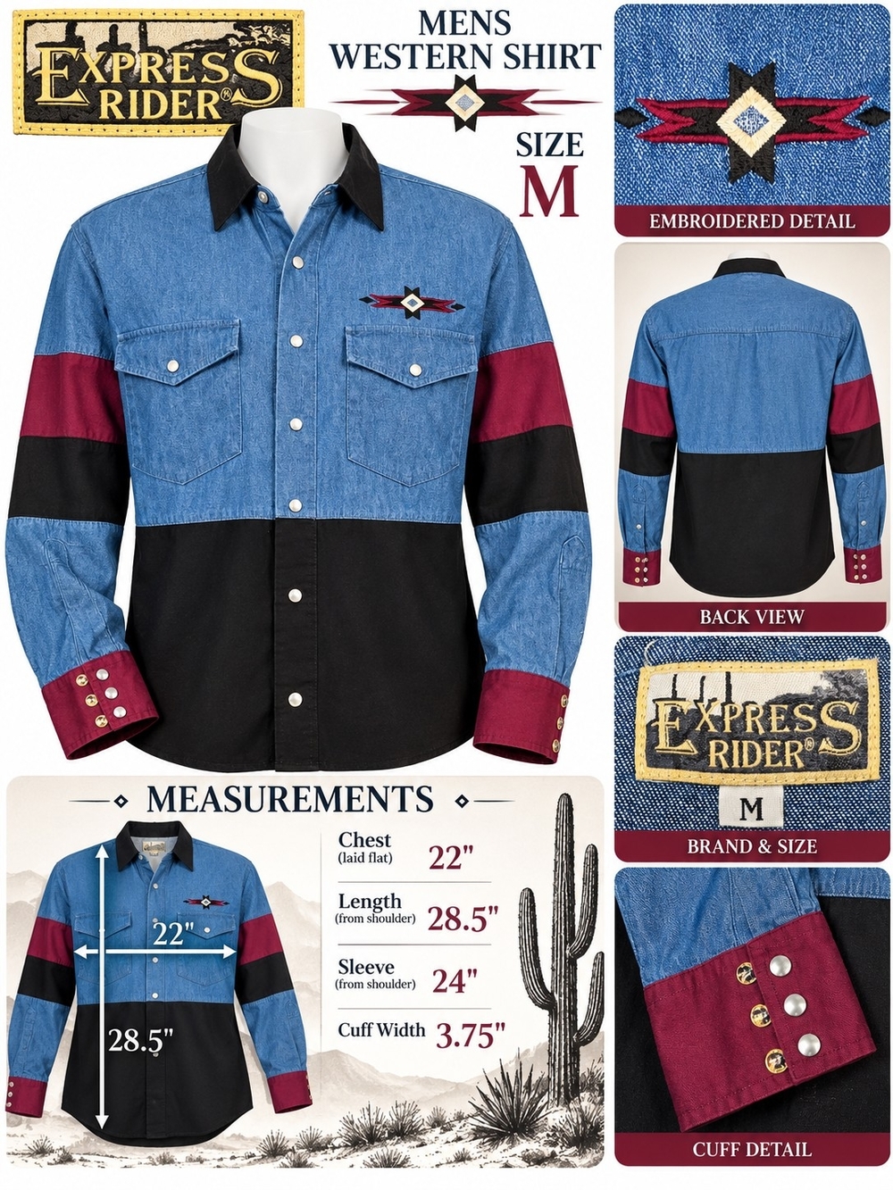 EXPRESS RIDER Men’s Western Shirt – Size M – USA MADE Denim, Black & Burgundy